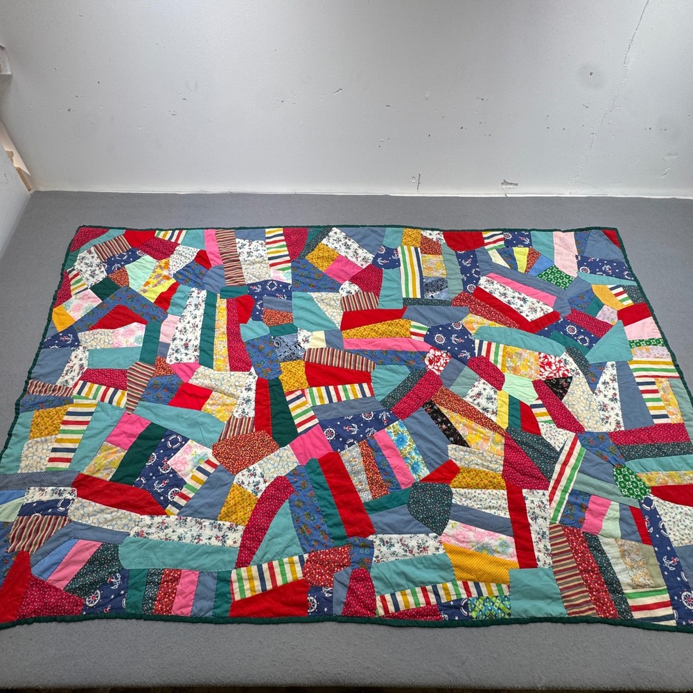 Handmade Crazy Quilt Colorful Butterfly Embroidered Folk Art Double Sided 80x48